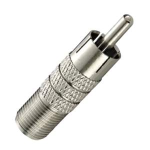 Adaptador F Fêmea para RCA Macho Metálico Niquelado 75 Ohms para TV e Vídeo