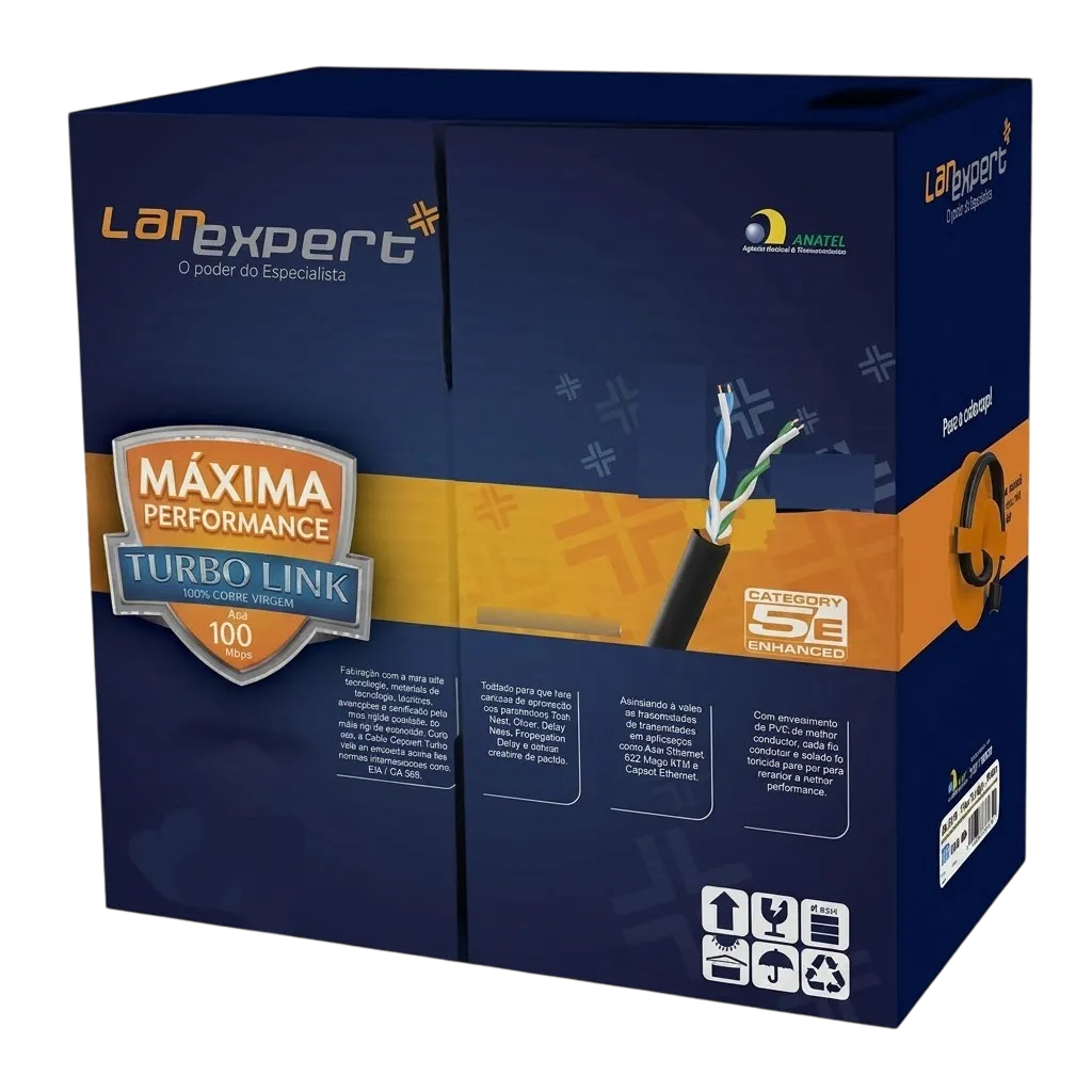 Cabo de Rede LAN U/UTP 2 Pares LAN Expert Turbo Link 100% Cobre Nu 24AWG Fast Ethernet PVC - Venda por Metro