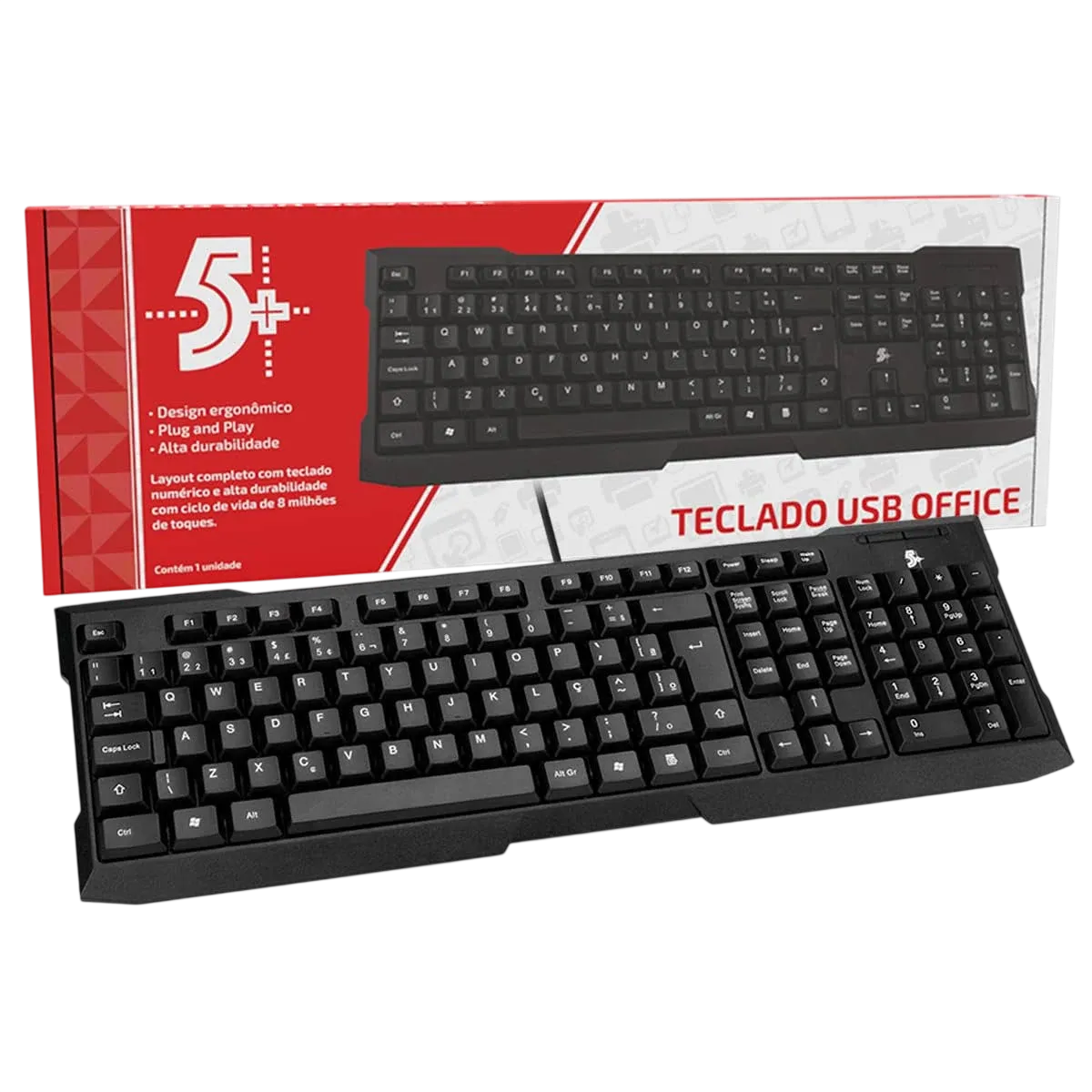Teclado Office 5+ KC-500 USB ABNT2 com Memória de Membrana e Sistema de Escoamento Preto - 015-0041