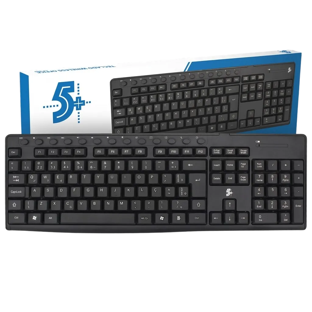 Teclado Sem Fio 2.4GHz 5+ Wireless Office 015-0081 com Layout ABNT2 e Receptor Nano USB