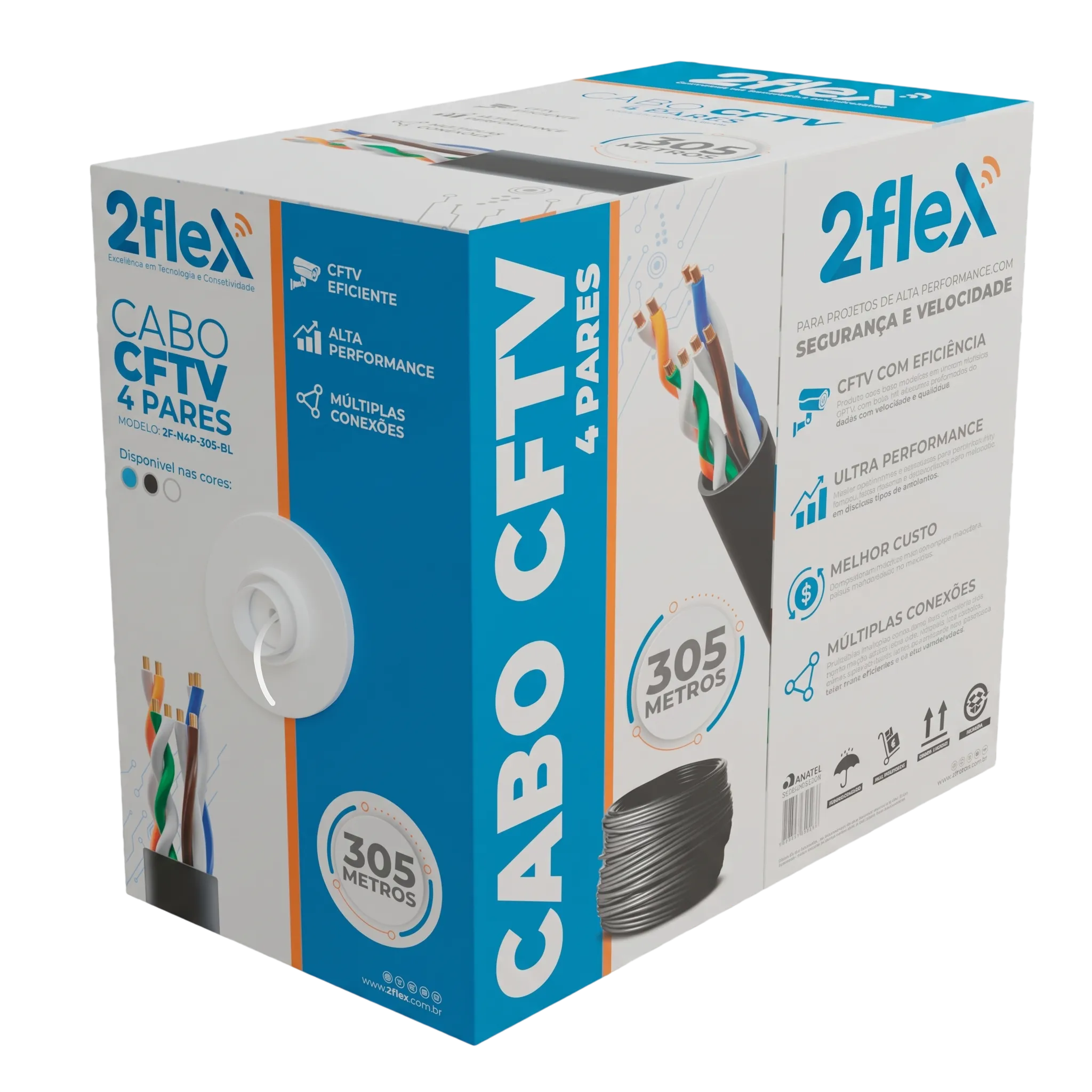 Cabo de Rede LAN para CFTV 4 Pares CCA 2Flex Branco - Caixa 305m - 2F-N4P-305-BR
