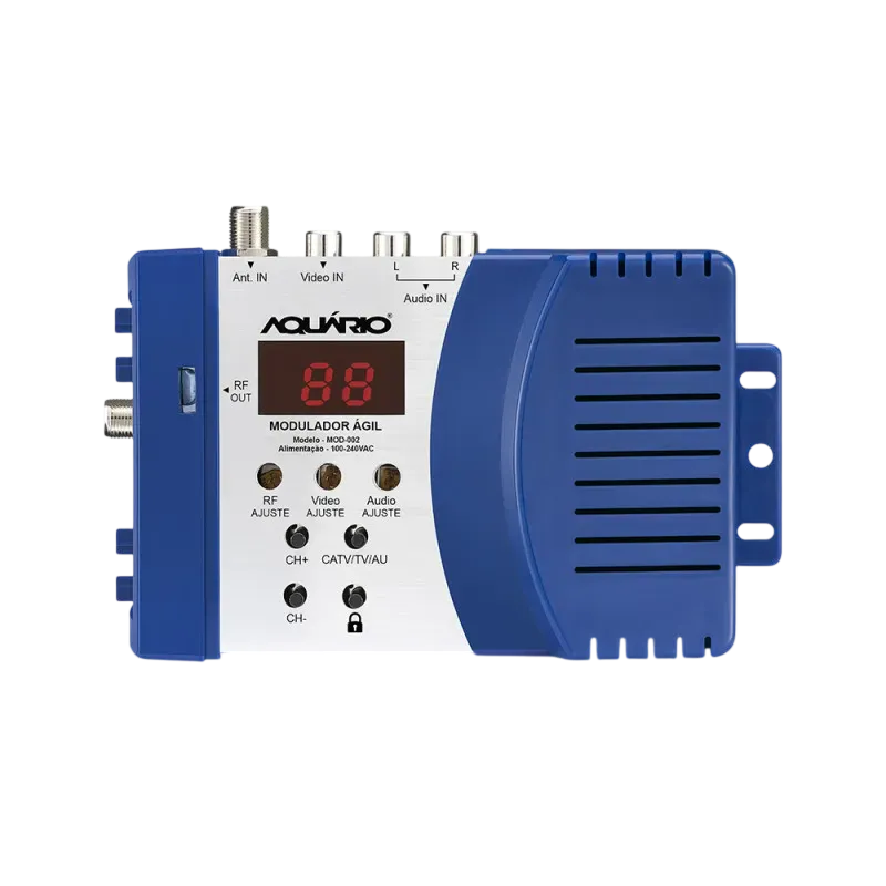 Modulador Ágil de Áudio e Vídeo Aquário MOD-002 Saída RF VHF UHF CATV Display Digital Integrado Bivolt