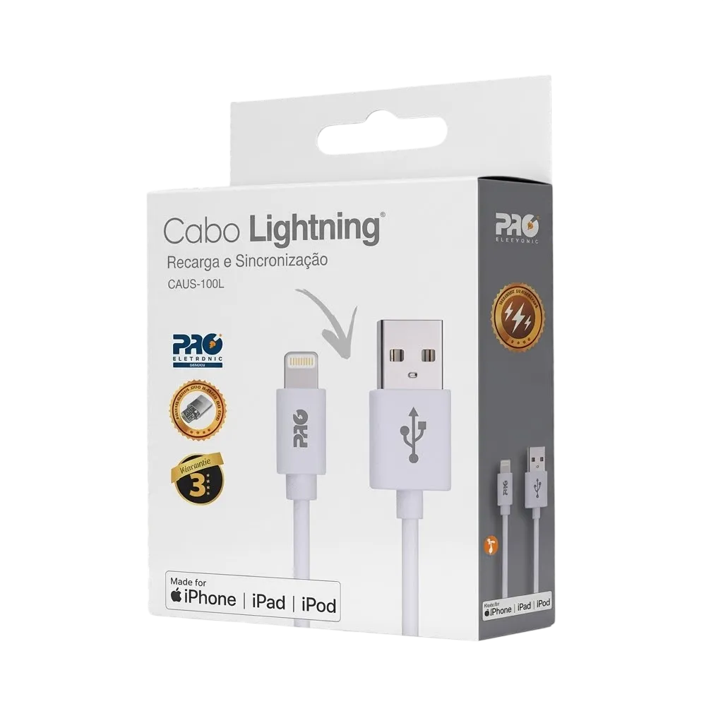 Cabo de Carga e Dados USB-A para Lightning Proeletronic 1 Metro CAUS-100L Alta Velocidade Branco