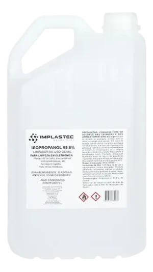 Álcool Isopropílico Implastec Isopropanol com 99,8% de Pureza Máxima para Limpeza de Eletrônicos Galão 5 Litros