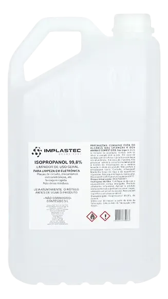 Álcool Isopropílico Implastec Isopropanol com 99,8% de Pureza Máxima para Limpeza de Eletrônicos Galão 5 Litros