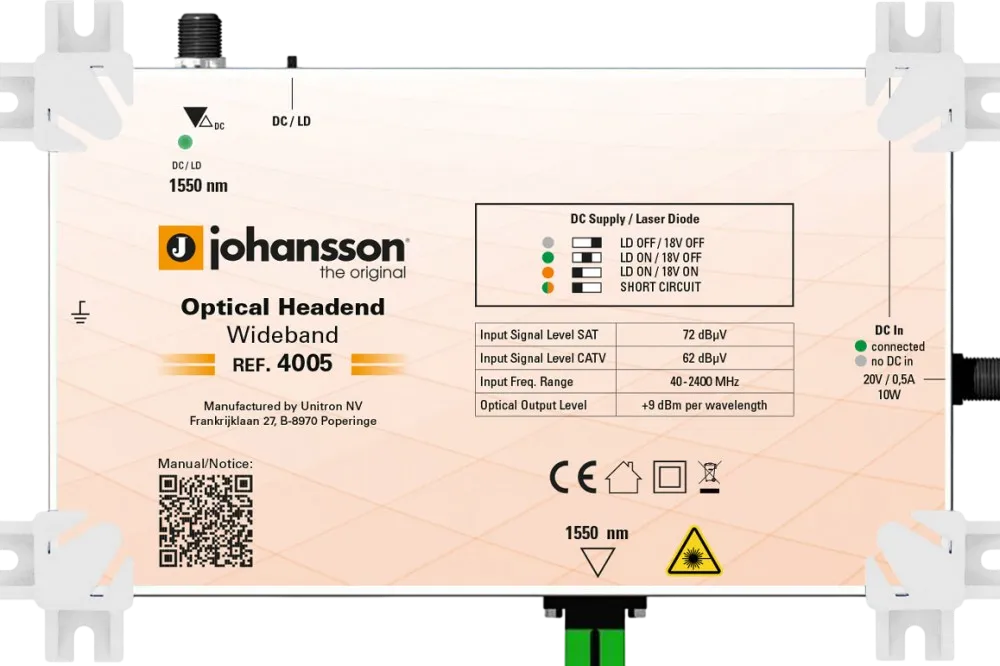 Transmissor Óptico de Cabeceira Johansson 4005 Gen2 1 Comprimento de Onda 1550nm RF Overlay