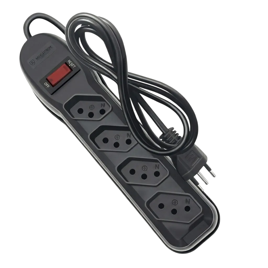Megatron Filtro de Linha 4 Tomadas 3P NBR 14136 com Chave Disjuntora Circuit Breaker Cabo PP 1 Metro Preto
